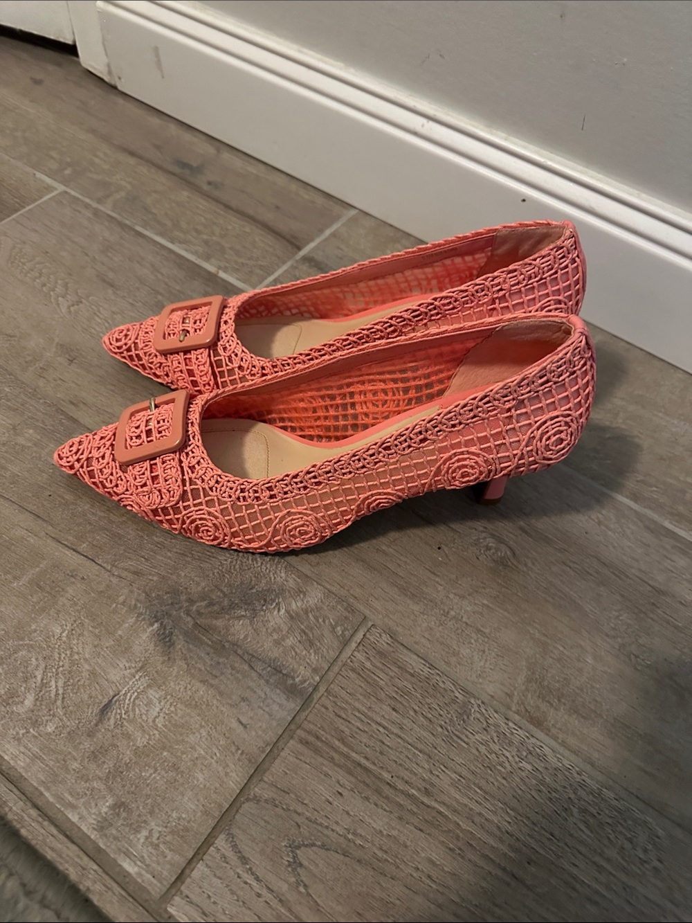 Alex Marie Coral Crochet Pointed Kitten Heels with Decorative Buckle